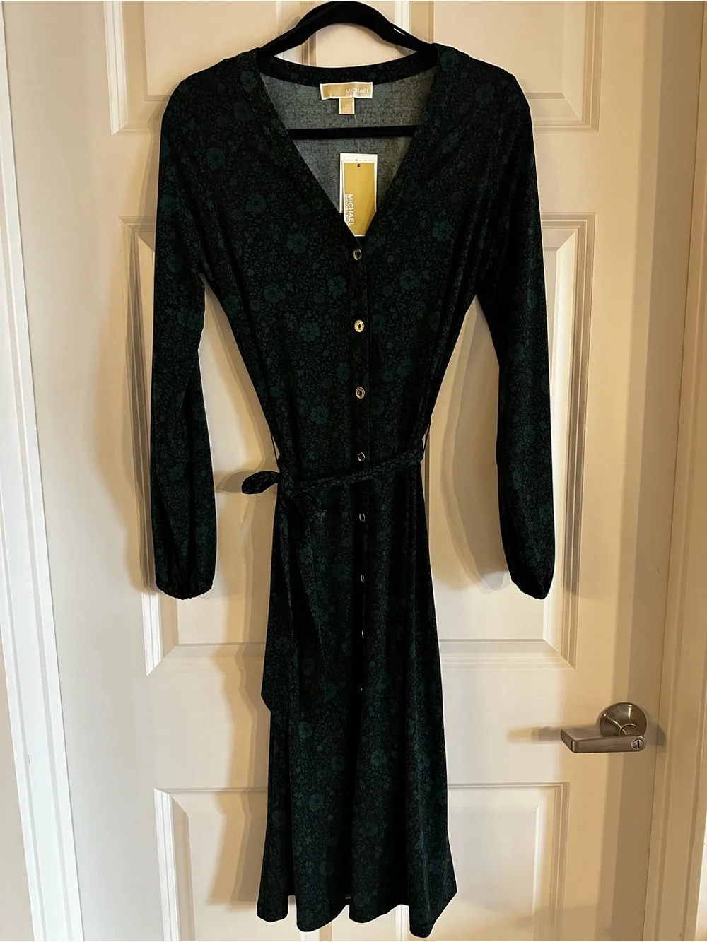 Michael Kors Dark Green Floral Button-Front Long Sleeve Dress